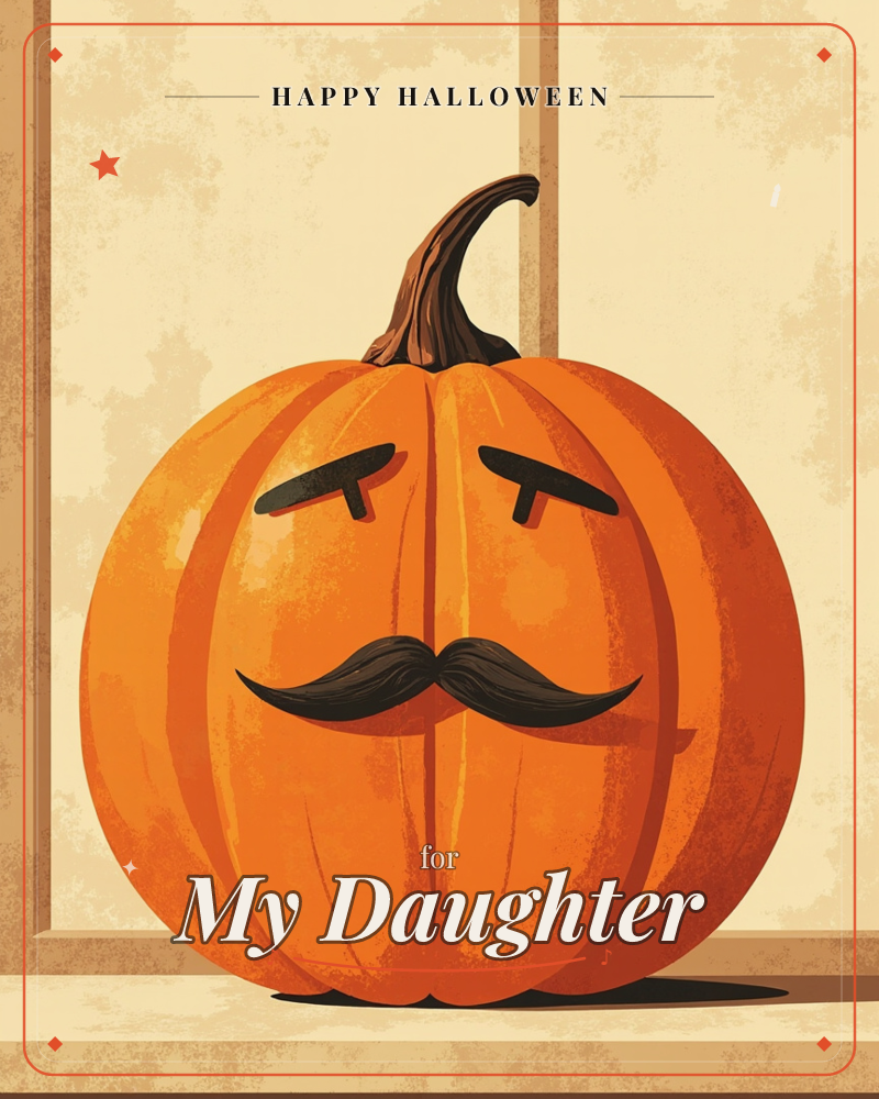 A carved pumpkin sits on a windowsill with a sly, sleepy-eyed expression and a dapper curled mustache instead of the usual jagged grin, a halloween e-card design
