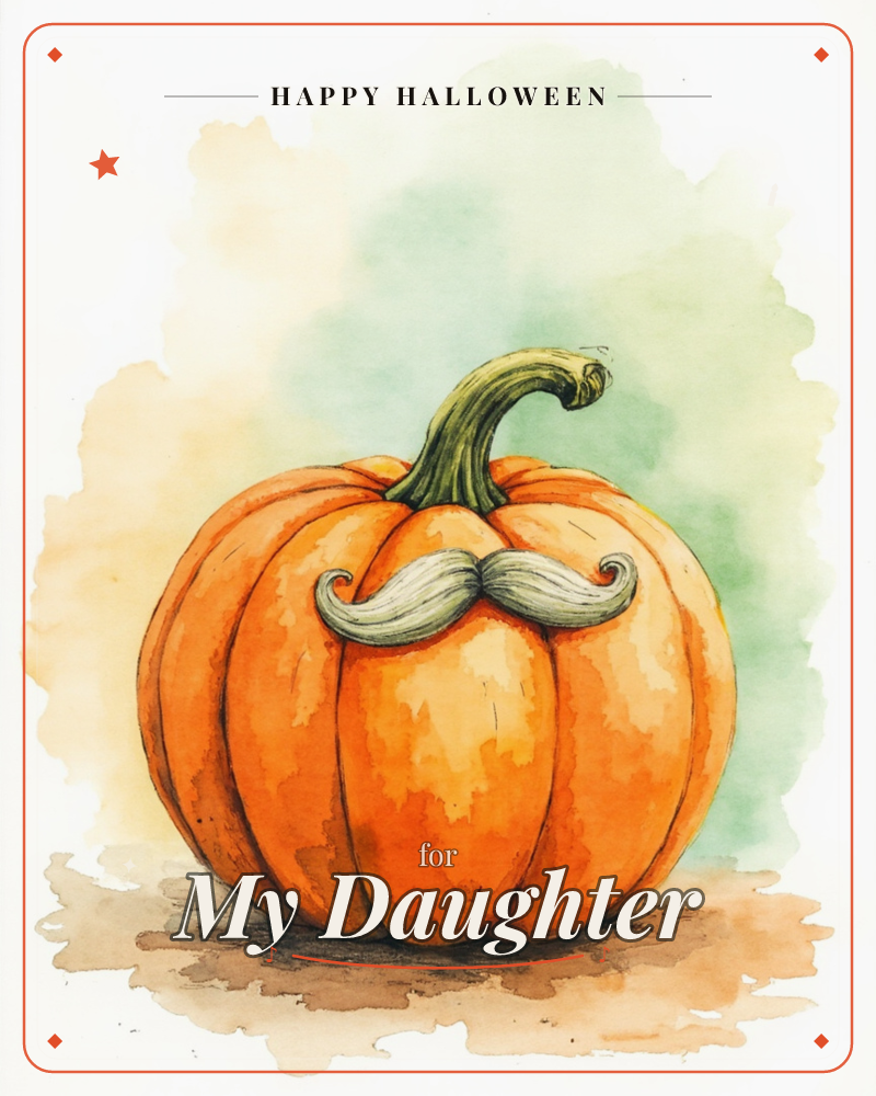 A plump orange pumpkin sits centre stage, sporting a curled grey moustache painted right across its middle like a jaunty disguise, a halloween e-card design