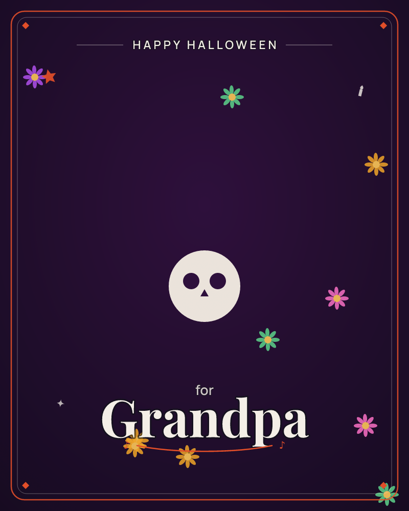 A pale skull glows amid scattered flowers on a deep midnight-purple night, sweet and haunted all at once, a halloween e-card design by @DittyCityTeam