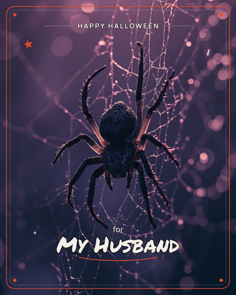 A dark, furry-legged spider sits at the centre of its web, rim-lit so its silhouette glows against a moody purple background, a halloween e-card design