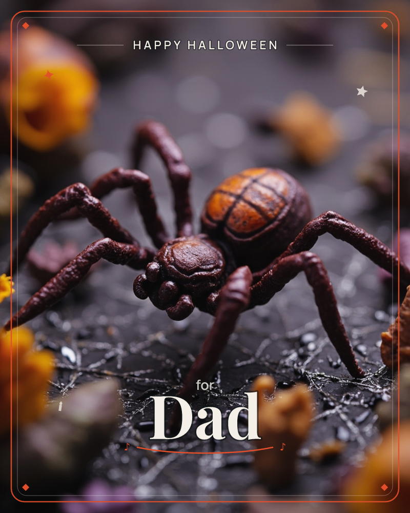 A sculpted spider with a burnished orange-and-brown patterned back crouches on a web-strewn dark surface, surrounded by dried marigold-like flowers in…, a halloween e-card design