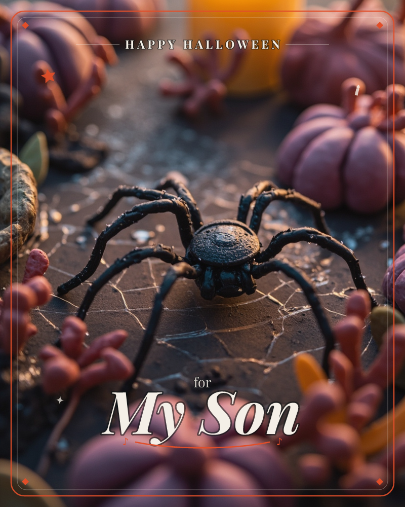 A glossy black toy spider crouches at the centre of a fine web strung across a dark, dusty surface, surrounded by small plastic pumpkins and skeletal…, a halloween e-card design