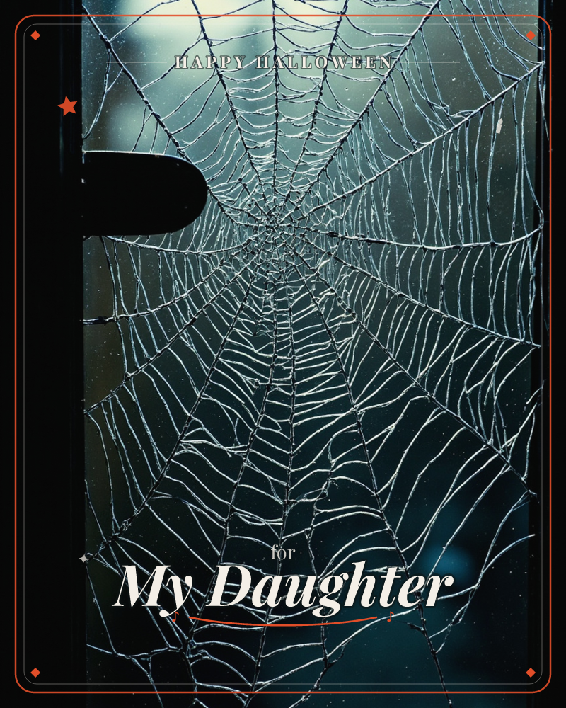 A spider's web is spun across an old glass door, its silk threads catching a cool light against the dark window pane, with the black door handle just…, a halloween e-card design
