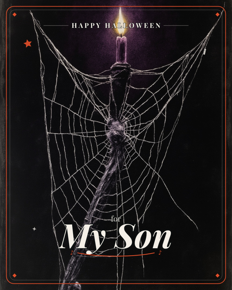 A single purple candle burns atop an old iron holder wrapped in a delicate, wide-stretched spiderweb, its threads catching the flame's light against…, a halloween e-card design