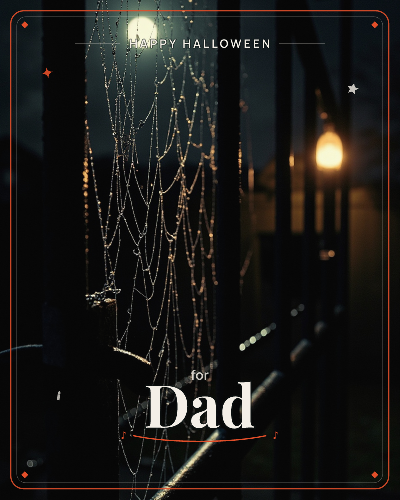 A dew-beaded spider's web is strung between the bars of a dark iron railing at night, each strand catching the glow of a streetlamp and the pale moon…, a halloween e-card design