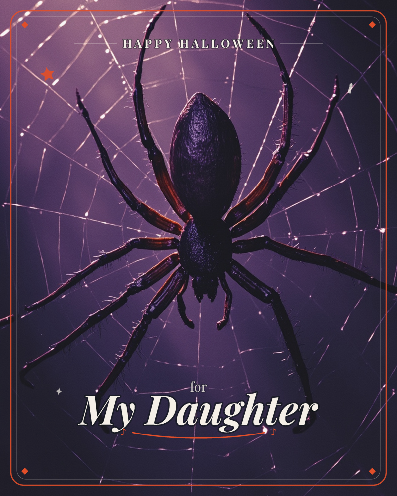 A large dark spider sits at the centre of a glistening web, its long legs stretched across the silken threads, a halloween e-card design