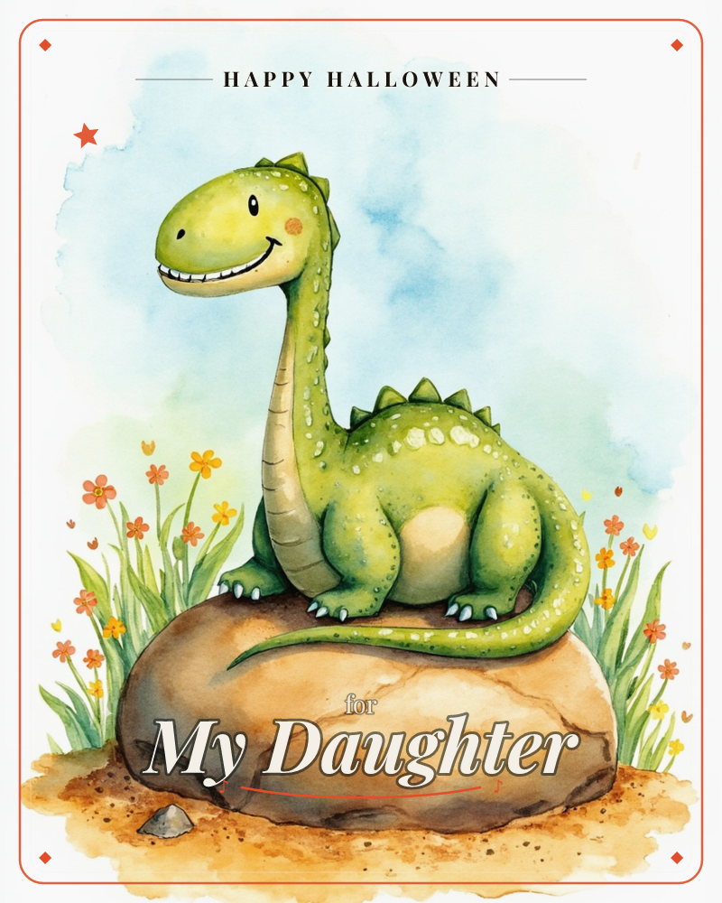 A cheerful green dinosaur with a rosy-cheeked smile sits perched on a large rounded boulder, its long tail curling down over the stone, a halloween e-card design