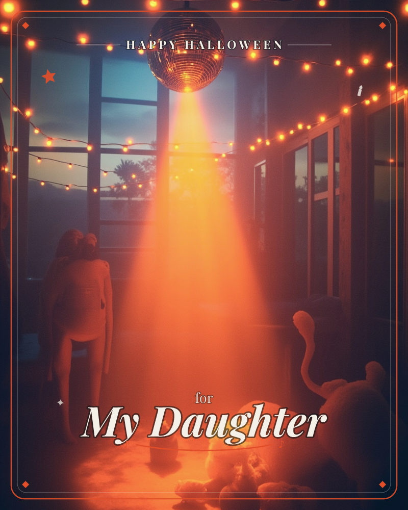 A disco ball hangs from the ceiling of a dim room strung with warm fairy lights, casting a dramatic beam of orange-gold light down onto a hazy floor, a halloween e-card design