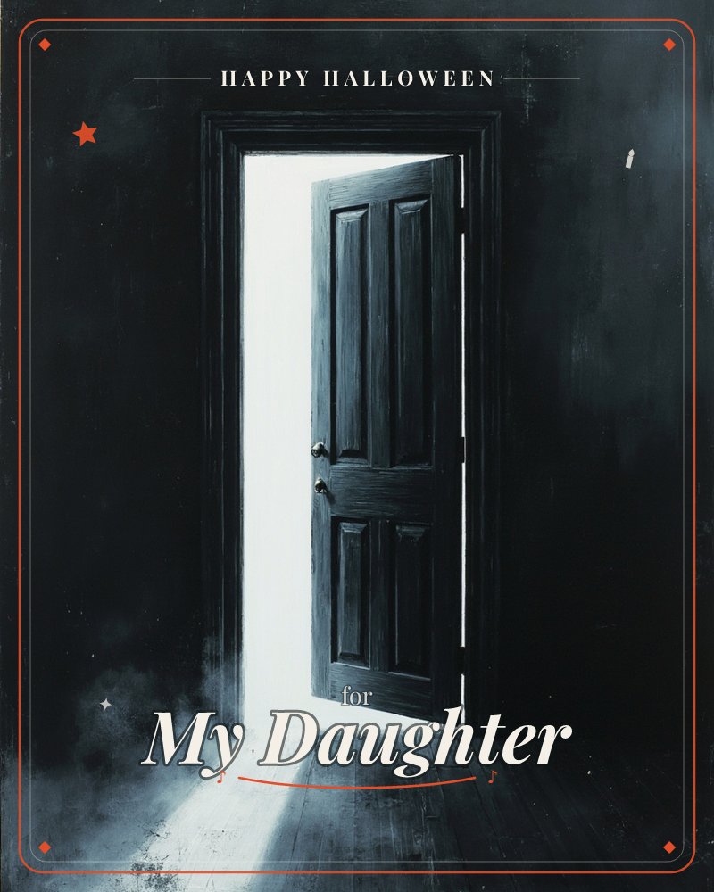 A dark wooden door stands ajar in an otherwise pitch-black room, blinding white light spilling through the gap and pooling across the floorboards, a halloween e-card design