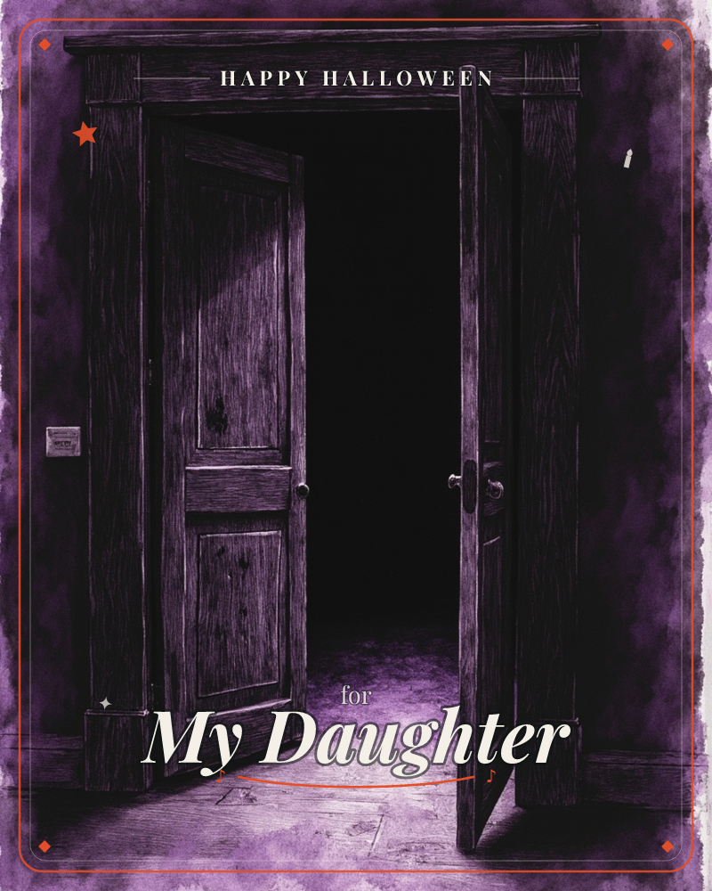 A heavy wooden door stands ajar in a paneled frame, swung open onto a darkened room beyond, a halloween e-card design