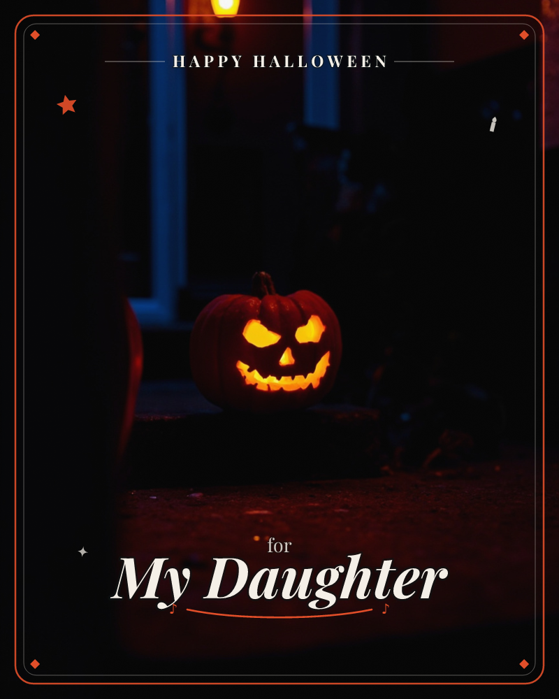 A carved jack-o'-lantern glows on a dark doorstep at night, its jagged eyes and grinning teeth lit orange from within by a candle, a halloween e-card design