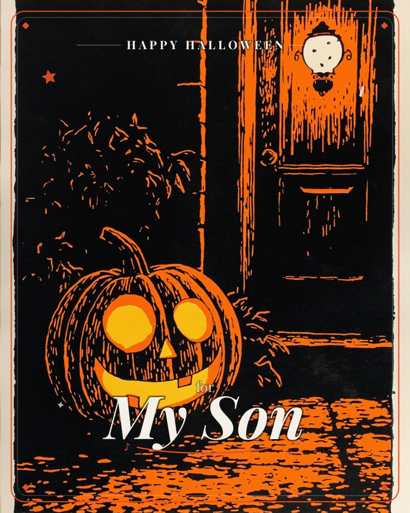 A grinning carved jack-o'-lantern sits on a stone porch beside a shuttered door, its glow rendered in bold orange against solid black, a halloween e-card design