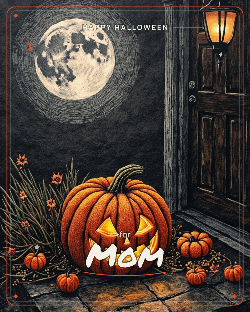 A glowing jack-o'-lantern grins on a stone doorstep beside a wooden front door, lit by a small lantern hanging above, a halloween e-card design