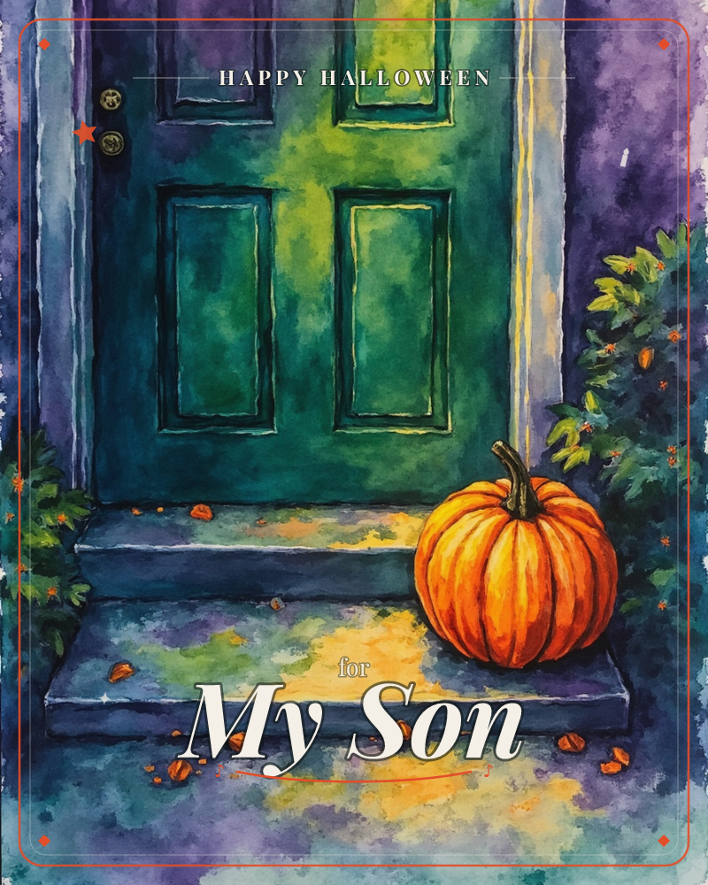 A single orange pumpkin sits on a stone doorstep before a teal-green paneled door, surrounded by dark bushy shrubs and scattered autumn leaves, a halloween e-card design