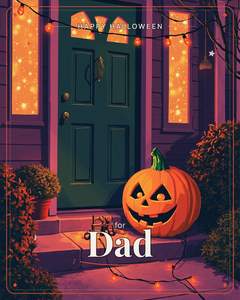 A dark green front door glows with warm light spilling from tall side windows, string lights looping overhead across the porch, a halloween e-card design