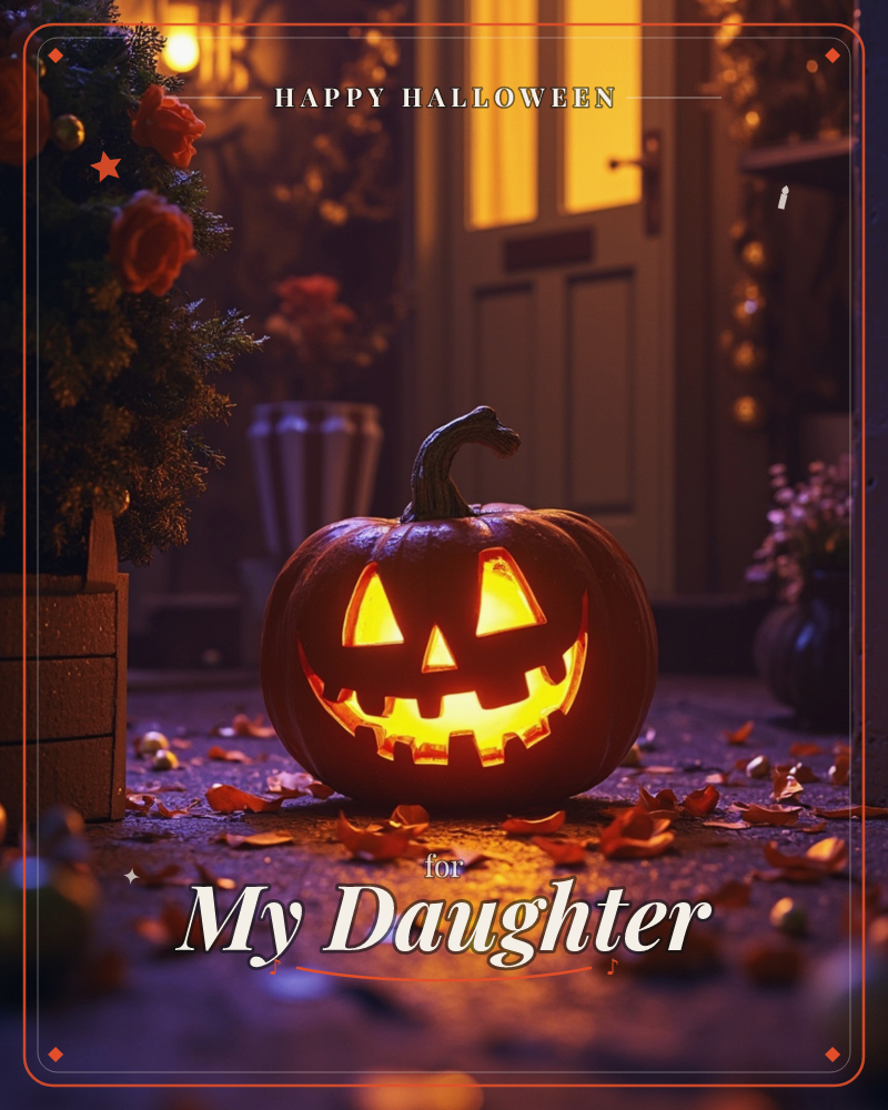A carved jack-o'-lantern glows on a doorstep, its jagged grin lit from within by candlelight, a halloween e-card design