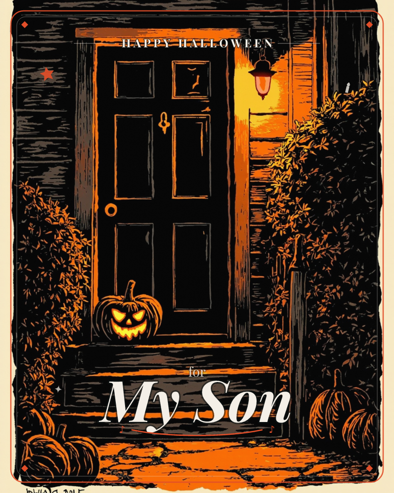 A panelled front door sits in shadow, framed by climbing vines and a single lit lantern glowing amber above the step, a halloween e-card design