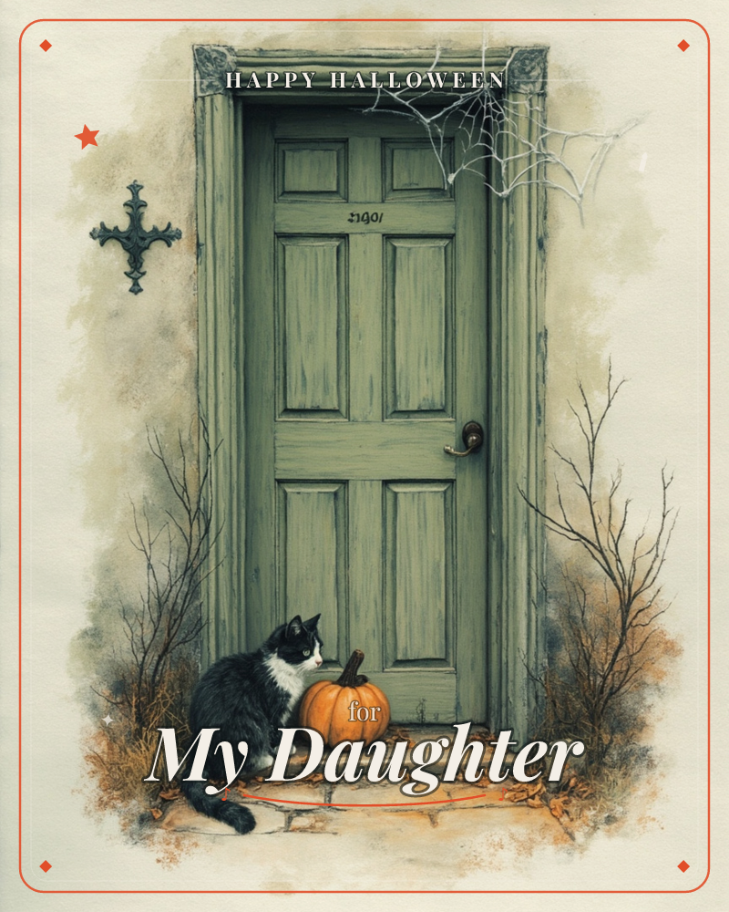 A weathered sage-green door stands framed in an ornate stone archway, a spider's web strung across one corner and a small cross mounted on the wall…, a halloween e-card design