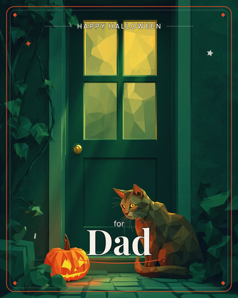 A dark green front door glows with warm yellow light through its four paned windows, ivy creeping up one side, a halloween e-card design