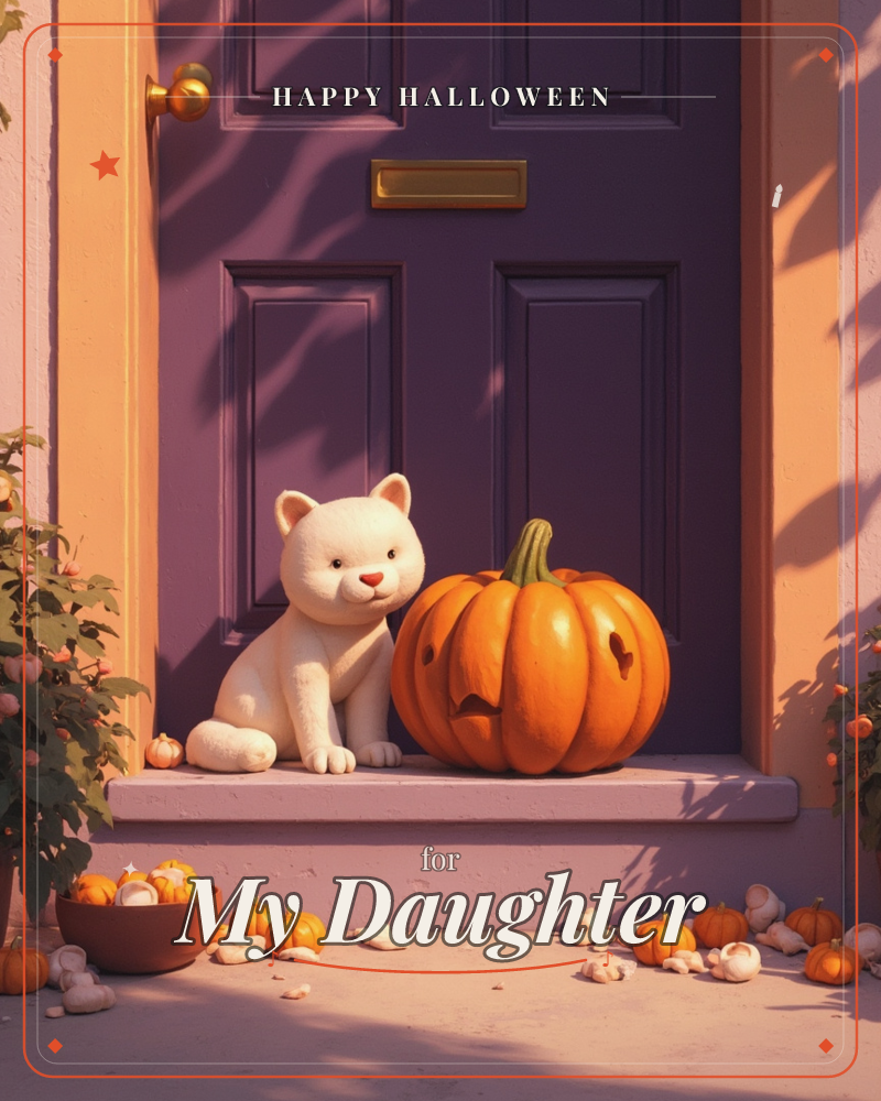 A creamy white cat figure sits beside a carved jack-o'-lantern on a doorstep, framed by a deep purple front door with a brass letterbox, a halloween e-card design
