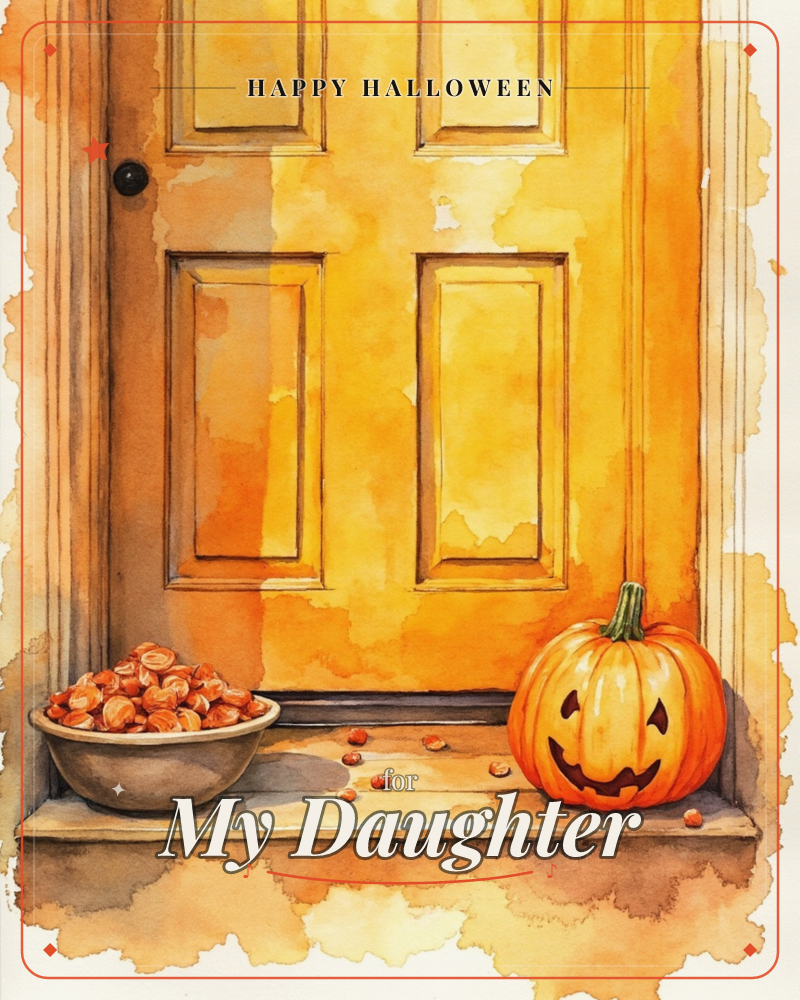 A watercolour painting shows a sunny yellow front door with a carved jack-o'-lantern grinning on the doorstep beside a bowl heaped with candy, a halloween e-card design