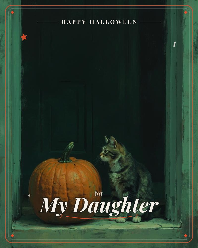 A tabby cat sits on a weathered green doorstep beside a plump orange pumpkin, both framed by a shadowy open doorway, a halloween e-card design