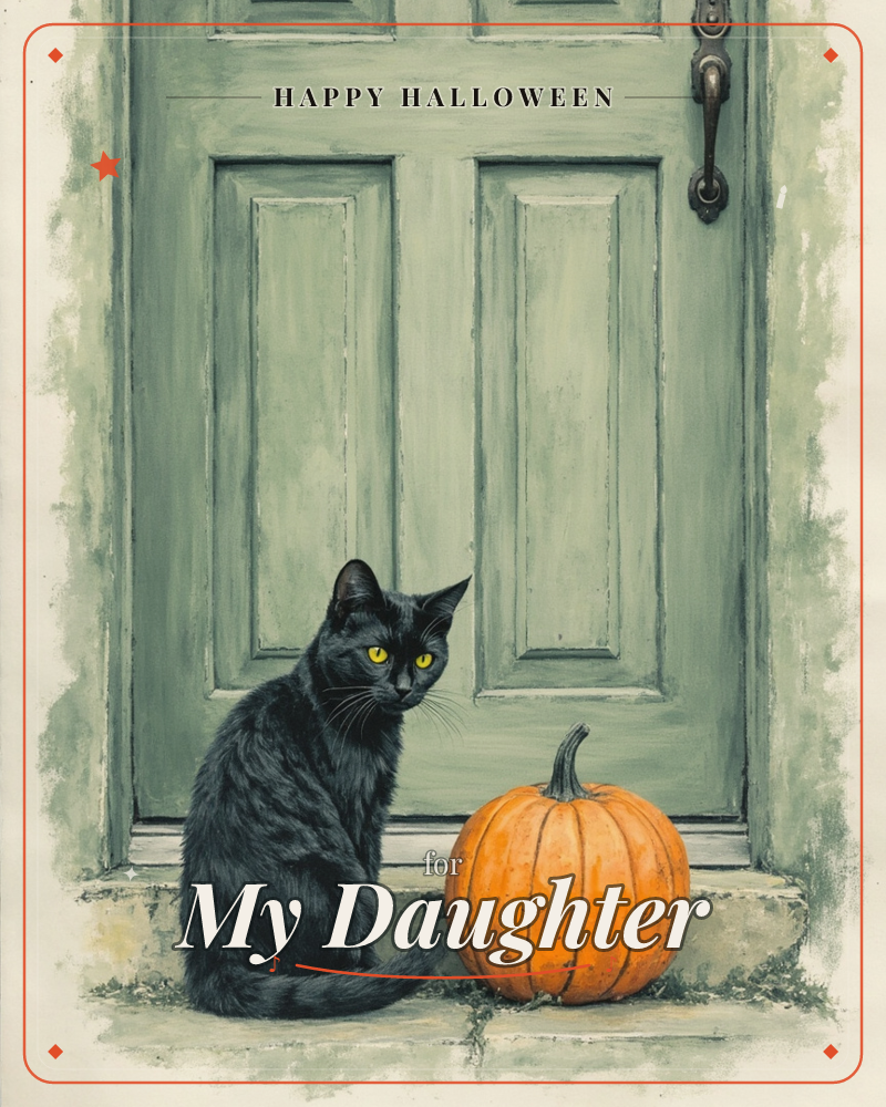 A black cat with bright yellow eyes sits on a stone doorstep beside a plump orange pumpkin, both framed by a weathered sage-green paneled door with an…, a halloween e-card design