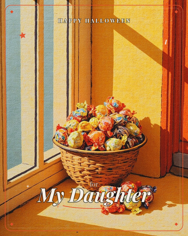 A woven basket brims with foil-wrapped candies, a few spilling onto the sunlit floor below, a halloween e-card design