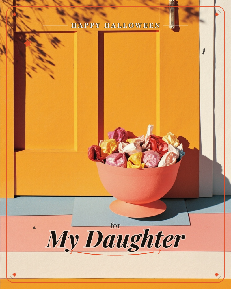 A bright orange front door forms the backdrop for a pink pedestal bowl piled high with wrapped candies in red, gold, pink and cream foils, a halloween e-card design