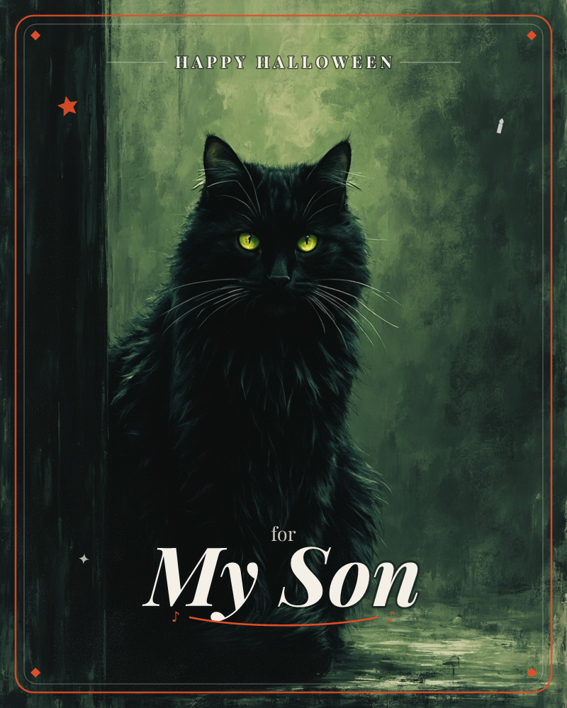 A long-haired black cat sits motionless in a shadowed doorway, its yellow-green eyes catching the dim light while a hazy green glow spreads across the…, a halloween e-card design