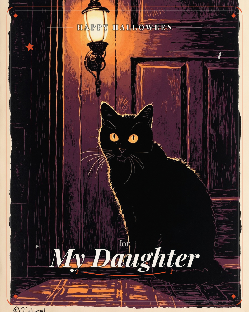 A black cat sits watchfully on a doorstep, its amber eyes glowing under the warm light of an old-fashioned wall lantern, a halloween e-card design
