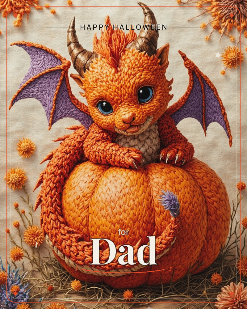 A knitted-look baby dragon with purple wings and curling horns perches on top of a giant ribbed pumpkin, its tail wrapped snugly around the rind, a halloween e-card design