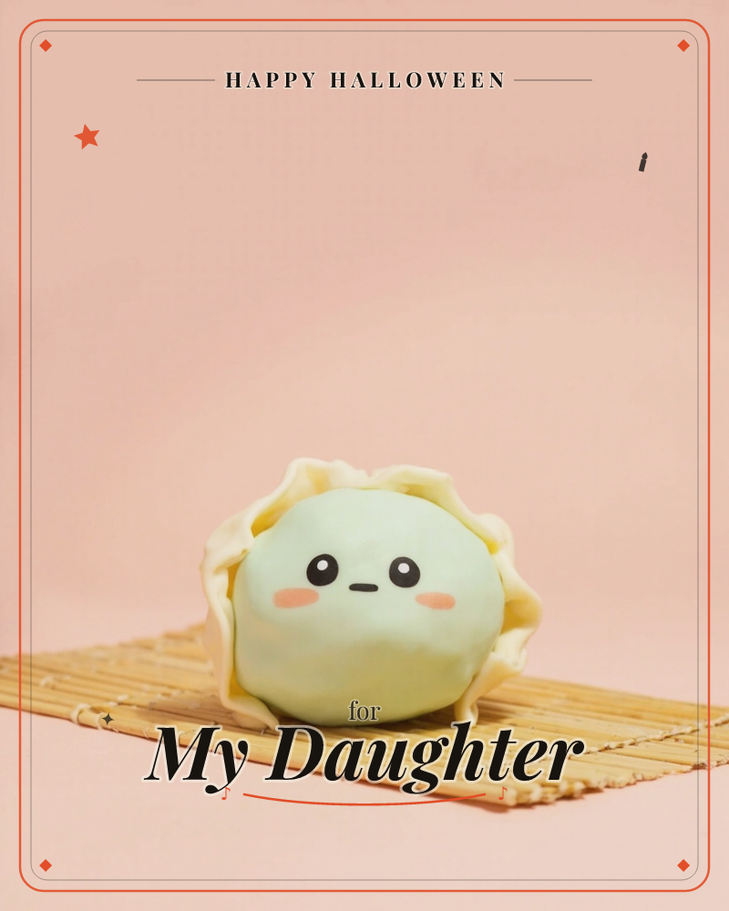 A plush dumpling toy with a pale mint pleated wrapper sits on a small bamboo steamer mat, its round face printed with simple black eyes and blushing…, a halloween e-card design