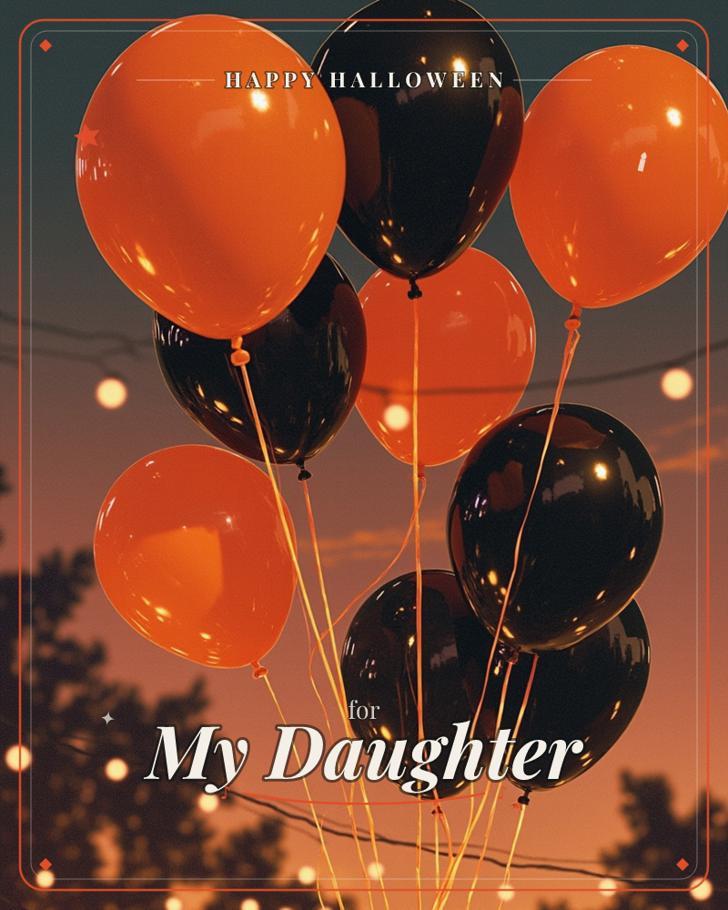 A cluster of glossy orange and black balloons floats against a dusky sky streaked with fading sunset color, their strings trailing down over…, a halloween e-card design