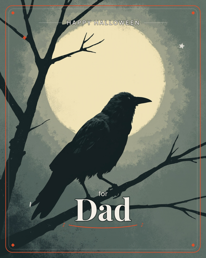 A single crow perches on a bare, twisting branch, its dark silhouette sharp against a hazy, glowing full moon, a halloween e-card design
