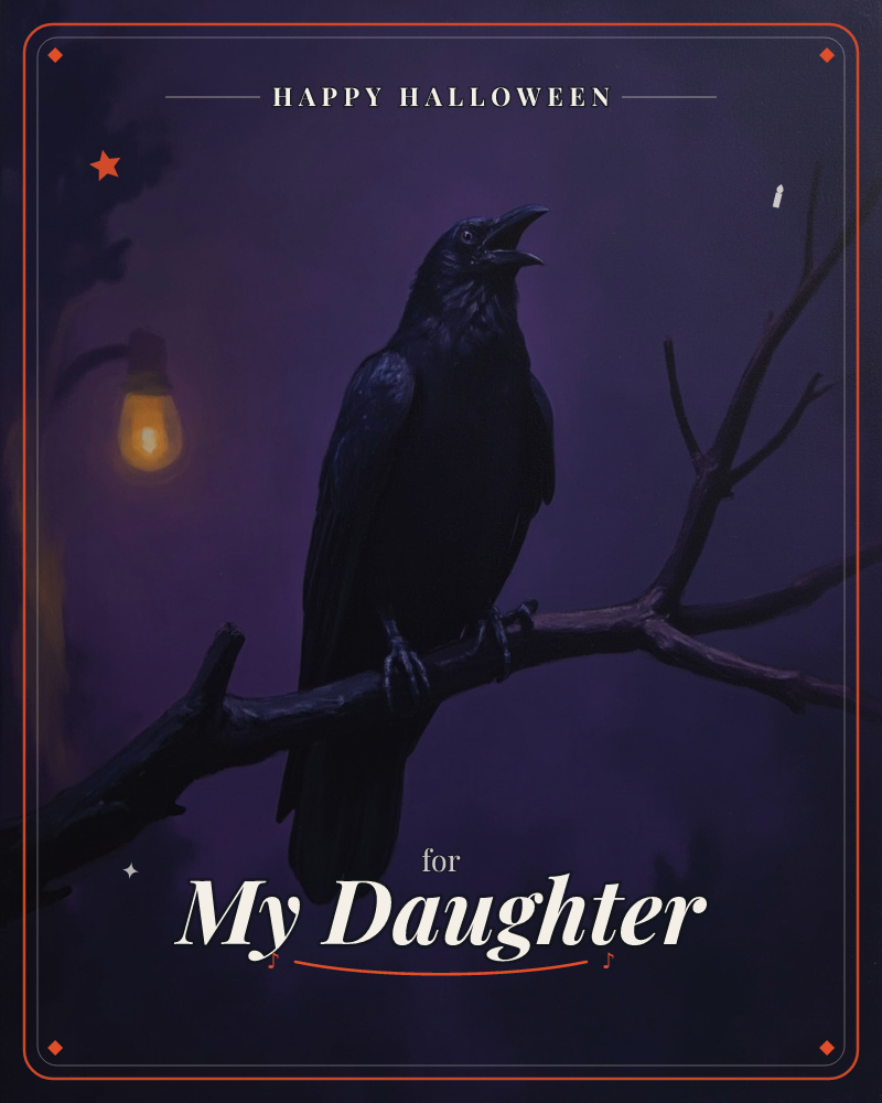 A crow perches on a bare, gnarled branch against a deep purple night sky, its beak open mid-call, a halloween e-card design