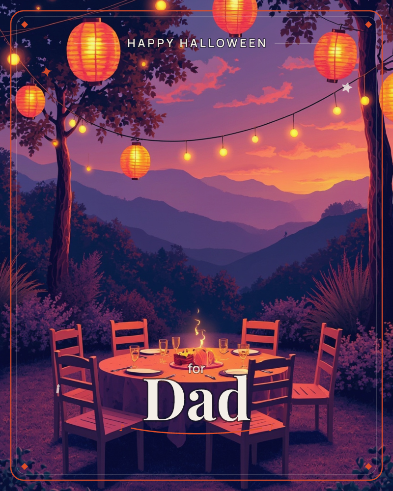 A round table is set for six beneath glowing paper lanterns strung between two trees, with wine glasses, plates, and a small candle centerpiece ready…, a halloween e-card design