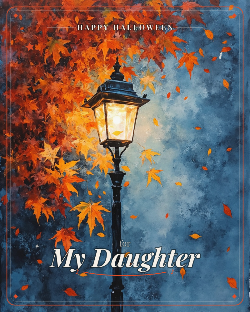 A black wrought-iron lamppost glows warmly against a hazy blue-grey dusk, its light spilling onto a cascade of autumn maple leaves in orange, red and gold, a halloween e-card design