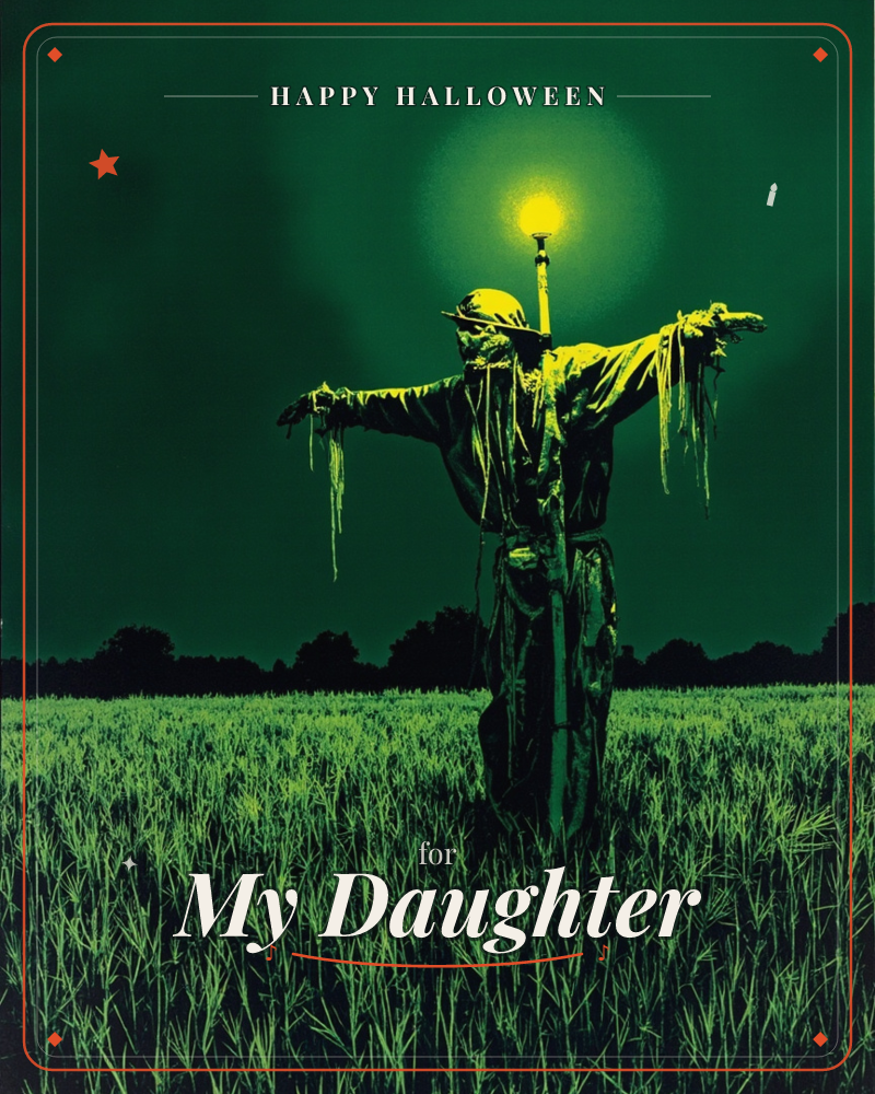 A tattered scarecrow stands with arms outstretched in a moonlit field, its ragged sleeves trailing straw, while a single glowing yellow orb burns above…, a halloween e-card design