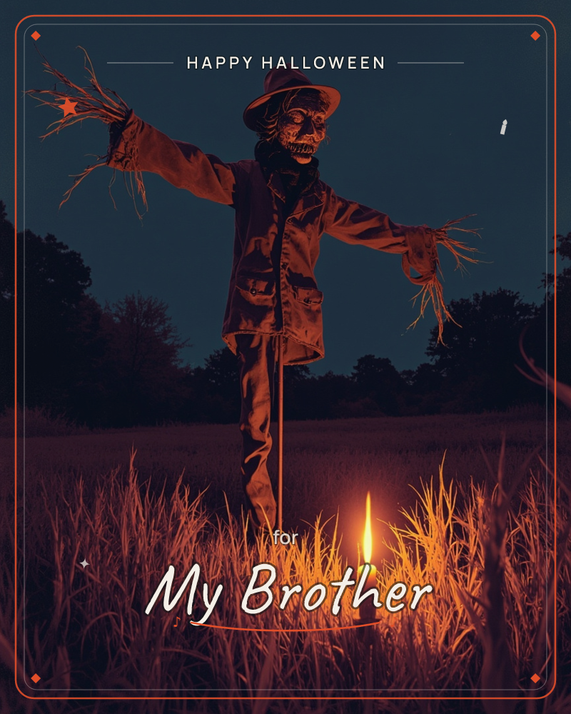 A skeletal-faced scarecrow stands with arms outstretched in a dark field at night, its straw-stuffed sleeves fraying against the deep blue sky, a halloween e-card design