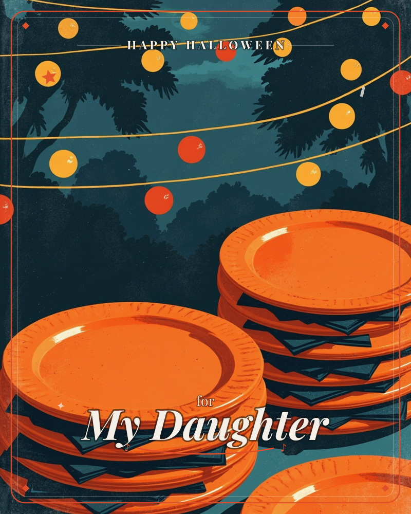 Stacks of bright orange paper plates and folded napkins sit ready for a night gathering, strings of round orange and gold party lights glowing overhead…, a halloween e-card design