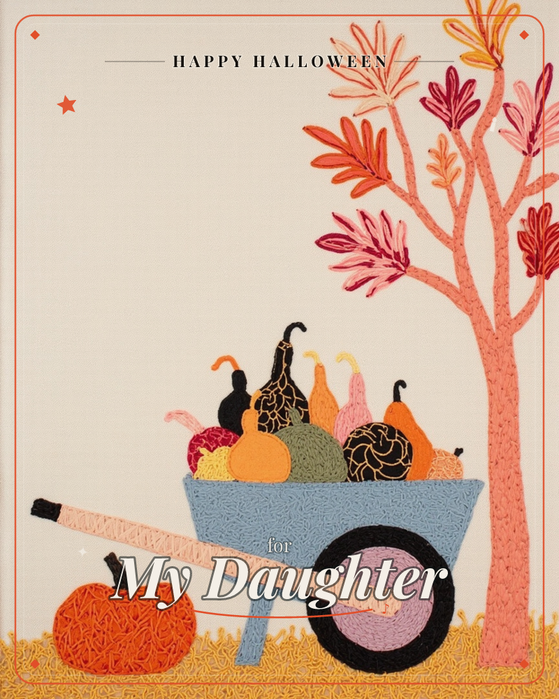An embroidered autumn scene shows a blue wheelbarrow piled high with textured gourds and squashes, parked beside a slender coral-pink tree with layered…, a halloween e-card design