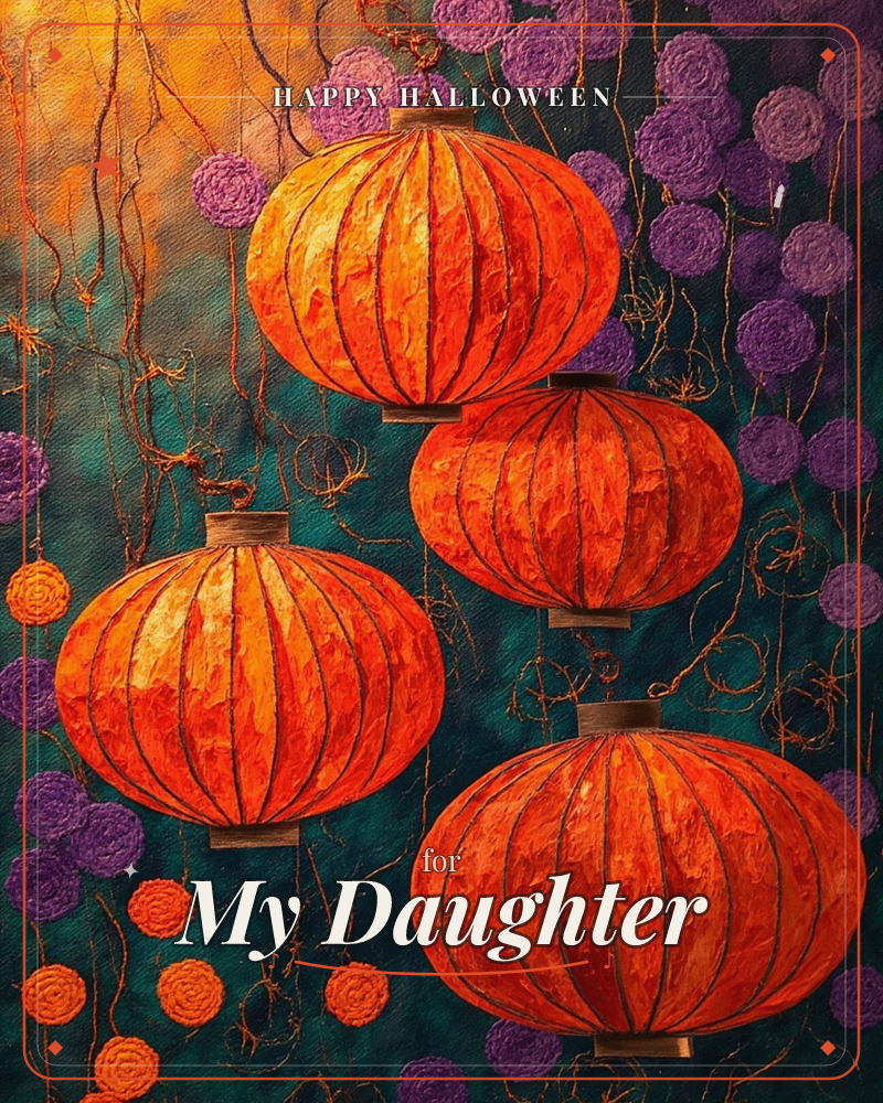 Four glowing orange lanterns hang against a deep teal night, their ribbed paper surfaces textured like thick brushstrokes of fire, a halloween e-card design