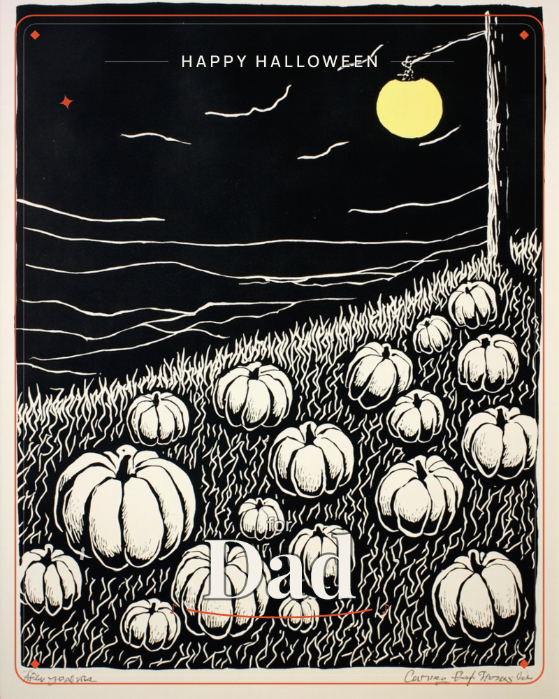 A linocut print shows a moonlit pumpkin patch, with rows of pale carved-outline pumpkins nestled in scratchy black grass under a night sky, a halloween e-card design
