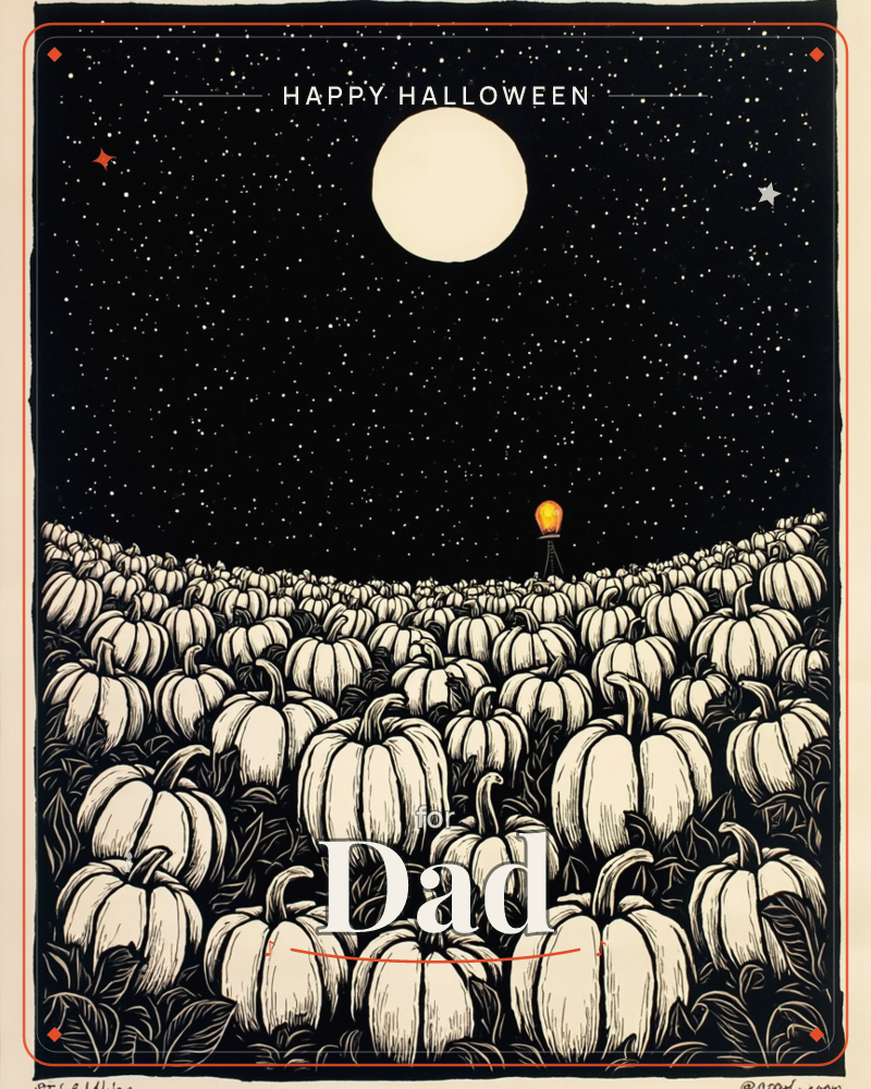 A vast field of pale pumpkins rolls beneath a starry night sky, with one small glowing lantern standing alone on the horizon like a lone sentinel, a halloween e-card design