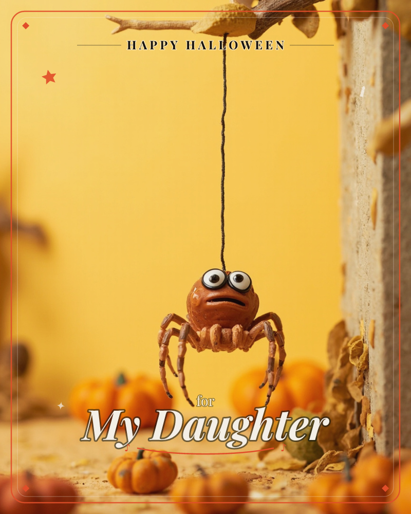 A googly-eyed toy spider dangles from a black thread tied to a bare twig, its frown giving it a comically grumpy expression against a bright…, a halloween e-card design