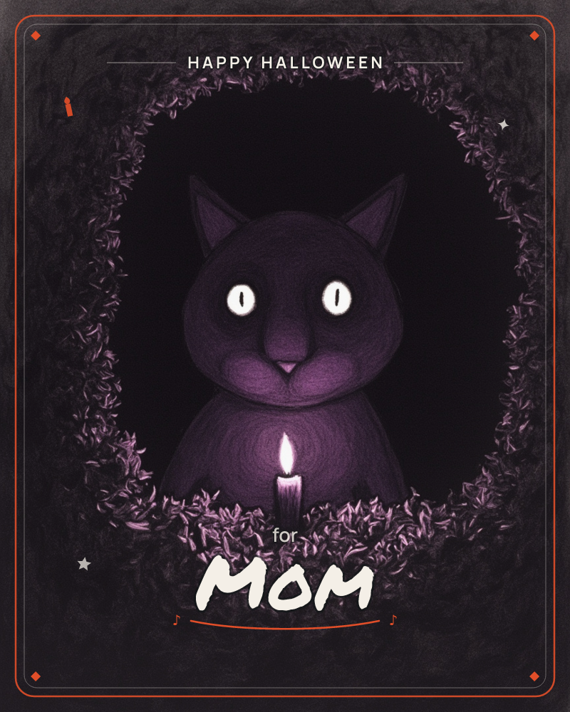 A shadowy, wide-eyed cat peers out from a dark burrow ringed with wispy purple foliage, a single lit candle glowing at its chest, a halloween e-card design
