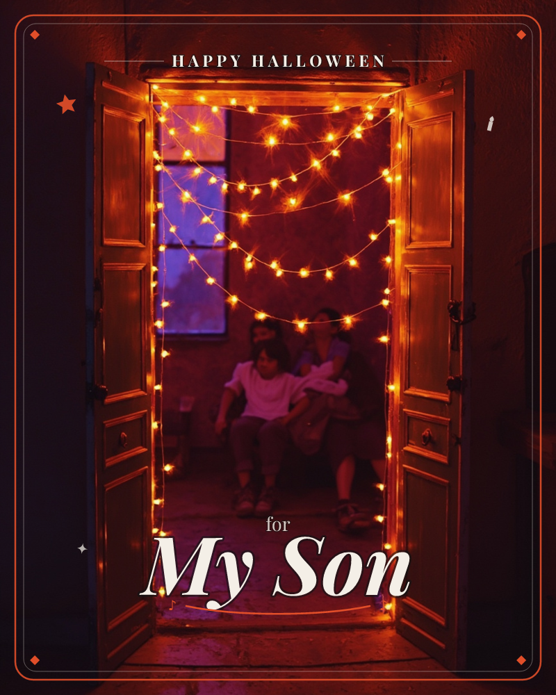 An open wooden door frames a warmly lit room strung with looping strands of tiny fairy lights, their amber glow spilling into the dark doorway, a halloween e-card design