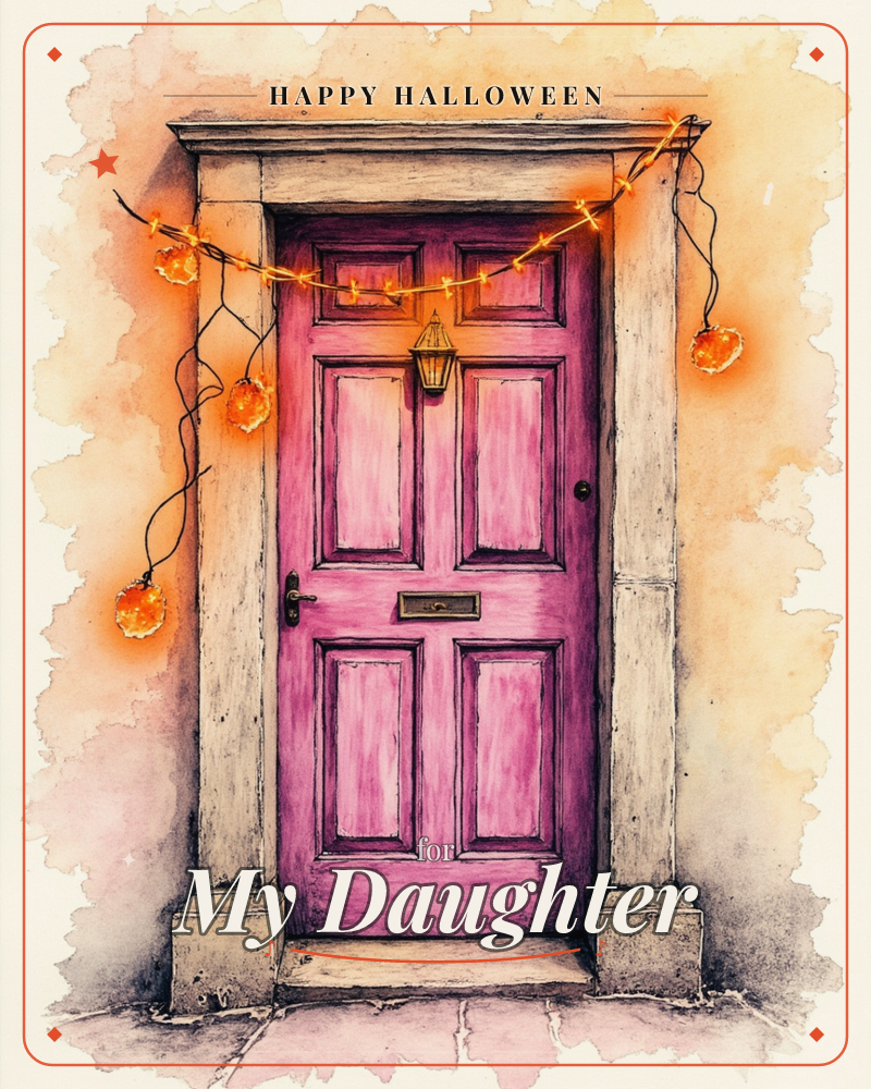 A magenta panelled front door sits framed by pale stone columns, strung with a loose garland of glowing orange fairy lights, a halloween e-card design
