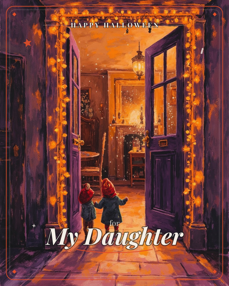 An open purple doorway strung with fairy lights frames a warmly lit room glowing gold with a hanging lantern and a lit fireplace, a halloween e-card design